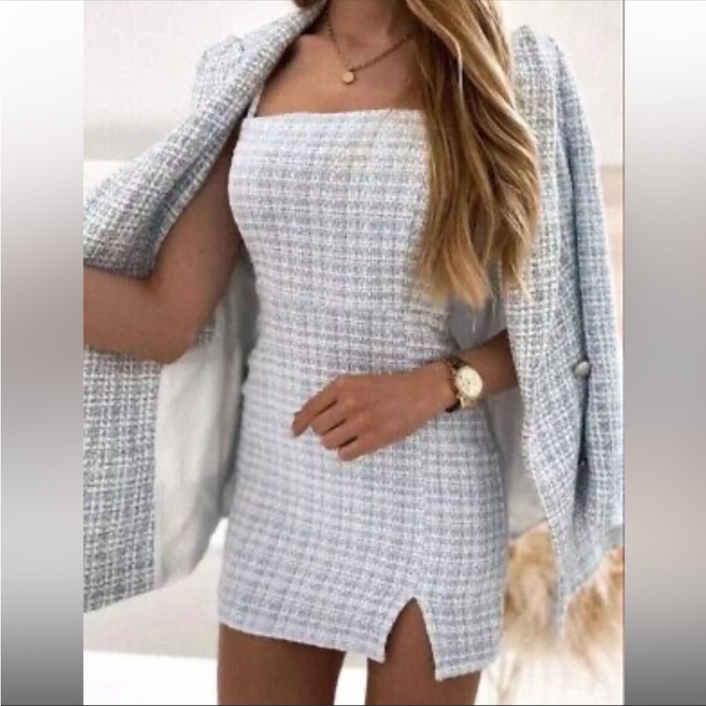 Tweeted textured blue mini dress